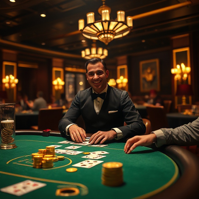Live casino dealer with golden chips and playing cards at UFABET Southeast Asia