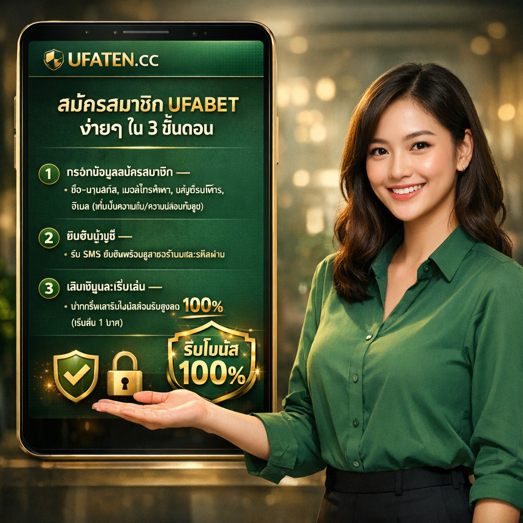 ผู้หญิงชาวไทยยืนยิ้มเป็นพิธีกรชี้ไปยังหน้าจอสมาร์ทโฟนที่แสดงขั้นตอนสมัครสมาชิก UFABET ง่ายๆ ใน 3 ขั้นตอน พร้อมข้อความและโลโก้ "UFATEN.CC" เป็นตัวอักษรภาษาอังกฤษ โทนสีเขียว-ทอง ให้ความรู้สึกเป็นมิตรและเชื่อถือได้