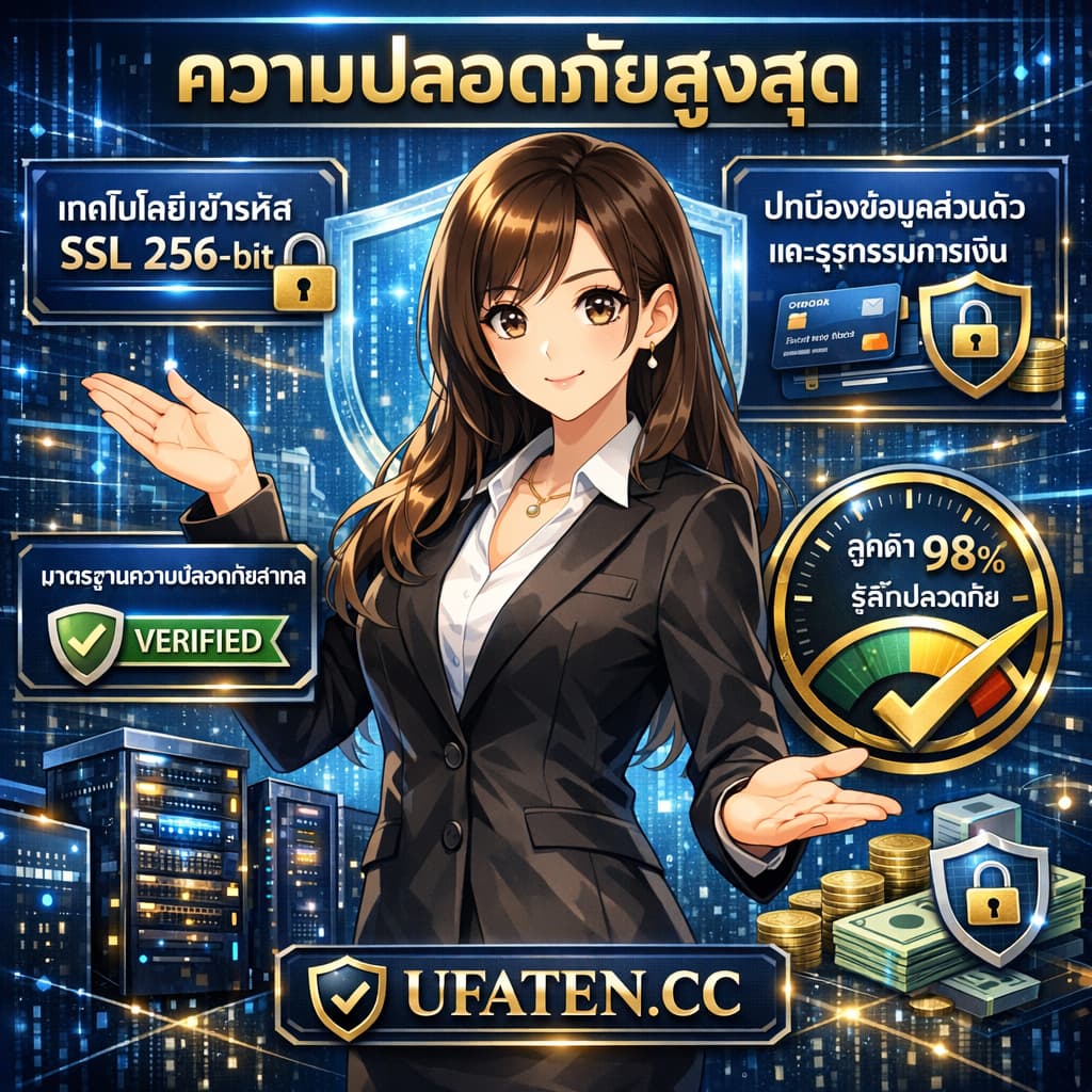 ผู้หญิงนำเสนอความปลอดภัยสูงสุดของ UFABET ด้วยระบบเข้ารหัส SSL 256-bit ปกป้องข้อมูลและธุรกรรมทางการเงิน สร้างความมั่นใจให้ผู้ใช้งาน พร้อมข้อความ UFATEN.CC บนภาพ