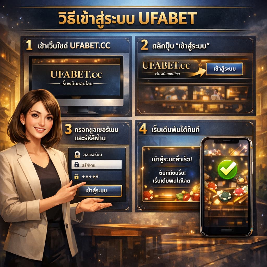 ผู้หญิงแนะนำวิธีเข้าสู่ระบบ UFABET แบบทีละขั้น ผ่านเว็บไซต์ UFATEN.CC แสดงขั้นตอนการกรอกยูสเซอร์เนมและรหัสผ่านเพื่อเริ่มเดิมพันอย่างปลอดภัย