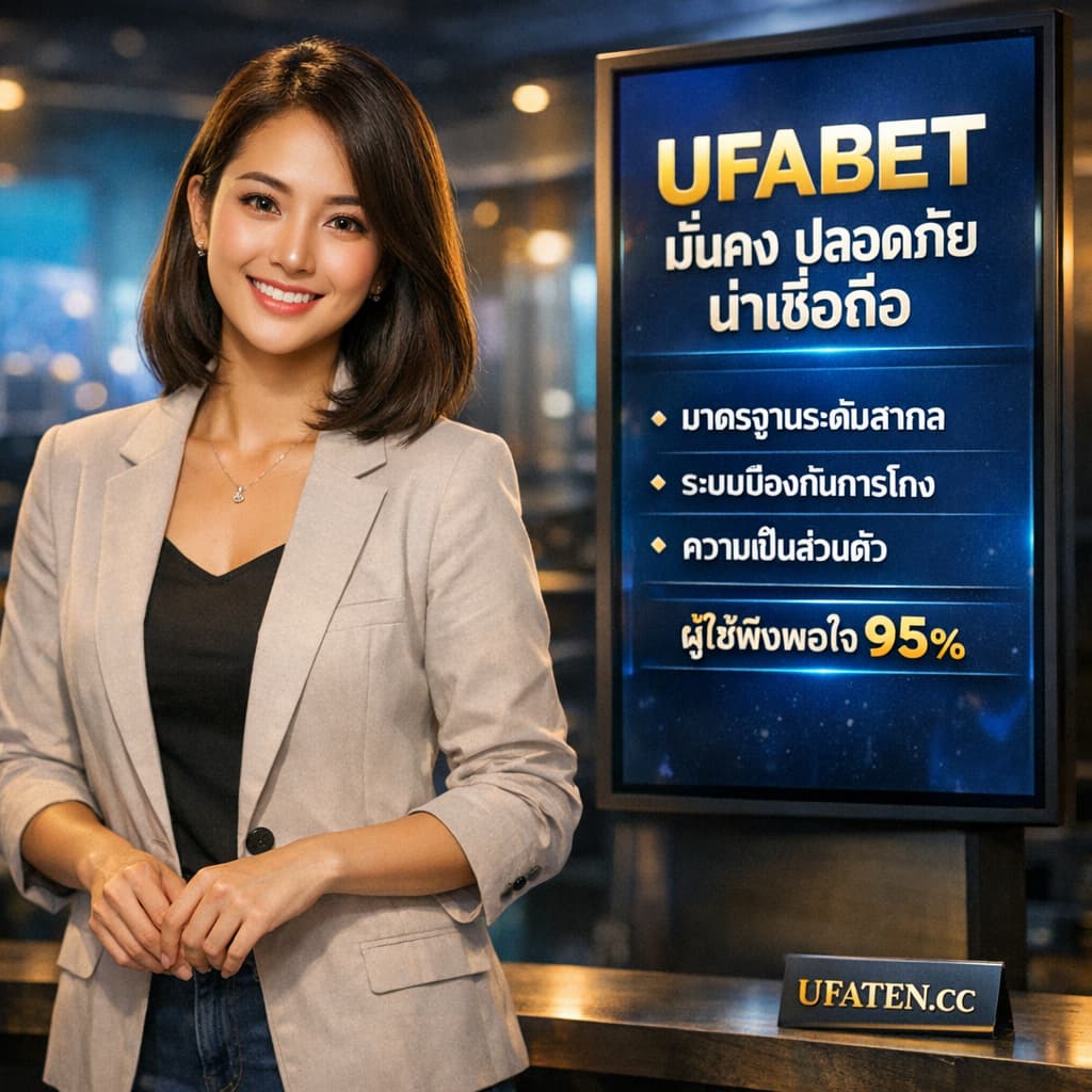 หญิงสาวเป็นพิธีกรยิ้มแย้มยืนข้างจอแสดงข้อความไทยว่า "UFABET มั่นคง ปลอดภัย น่าเชื่อถือ" พร้อมบูลเล็ต "มาตรฐานระดับสากล, ระบบป้องกันการโกง, ความเป็นส่วนตัว, ผู้ใช้พึงพอใจ 95%" โดยมีข้อความ "UFATEN.CC" ปรากฎเป็นการ์ดหรือมาร์กมุมภาพ