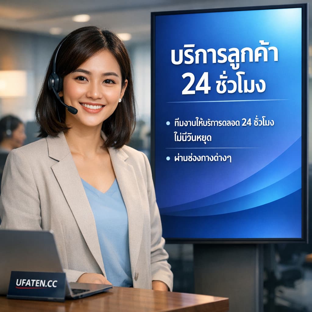 หญิงสาวเป็นพิธีกรสวมชุดสมาร์ทแคชวลและหูฟังยืนข้างจอแสดงข้อความไทยว่า "บริการลูกค้า 24 ชั่วโมง" พร้อมบูลเล็ตว่า "ทีมงานให้บริการตลอด 24 ชั่วโมง ไม่มีวันหยุด" และ "ผ่านช่องทางต่างๆ" โดยมีข้อความ "UFATEN.CC" ปรากฎเป็นการ์ดหรือมาร์กมุมภาพ