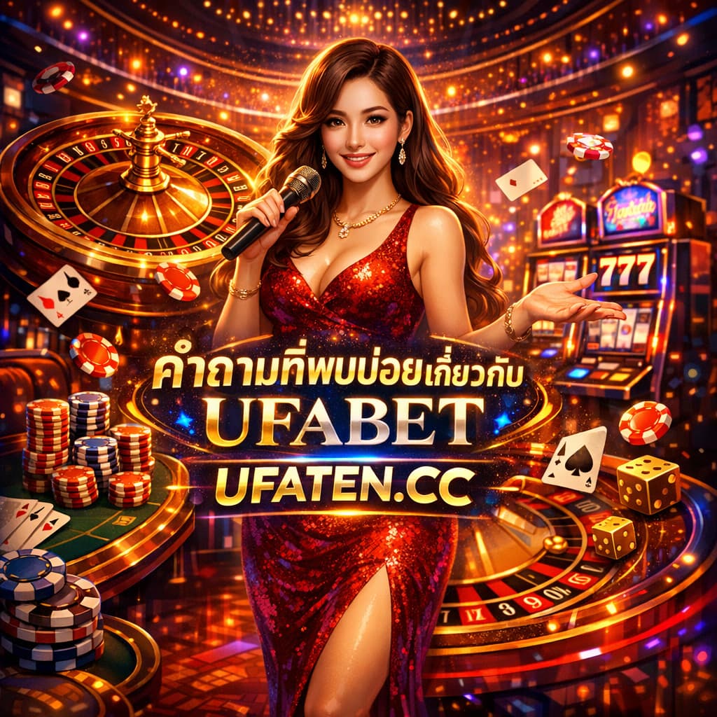 คำถามที่พบบ่อยเกี่ยวกับ UFABET – หญิงพิธีกรในบรรยากาศคาสิโนที่เต็มไปด้วยความมีชีวิตชีวาและดนตรีไฟนีออน พร้อมสัญลักษณ์ UFATEN.CC