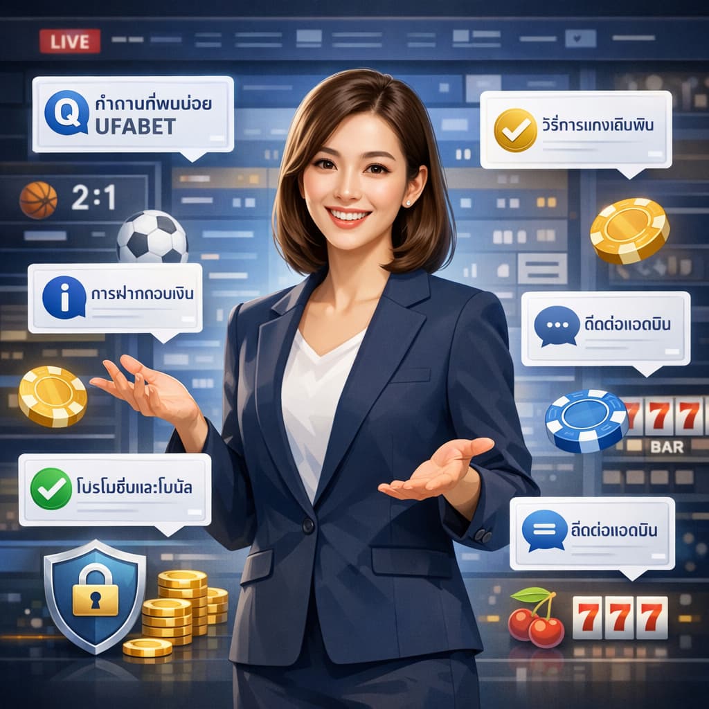 ผู้หญิงนำเสนอหน้าคำถามที่พบบ่อยของ UFABET พร้อมข้อมูลครบถ้วนสำหรับนักเดิมพัน แสดงภาพลักษณ์ที่ชัดเจน น่าเชื่อถือ และเข้าใจง่าย