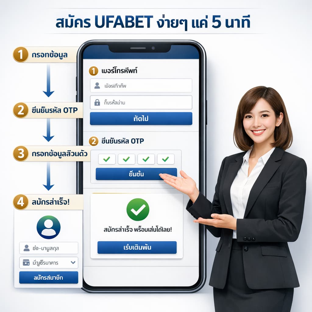 ผู้หญิงแนะนำวิธีสมัคร UFABET ออนไลน์แบบง่าย ๆ ผ่านมือถือ แสดงขั้นตอนการสมัครที่รวดเร็ว ใช้เวลาไม่เกิน 5 นาที